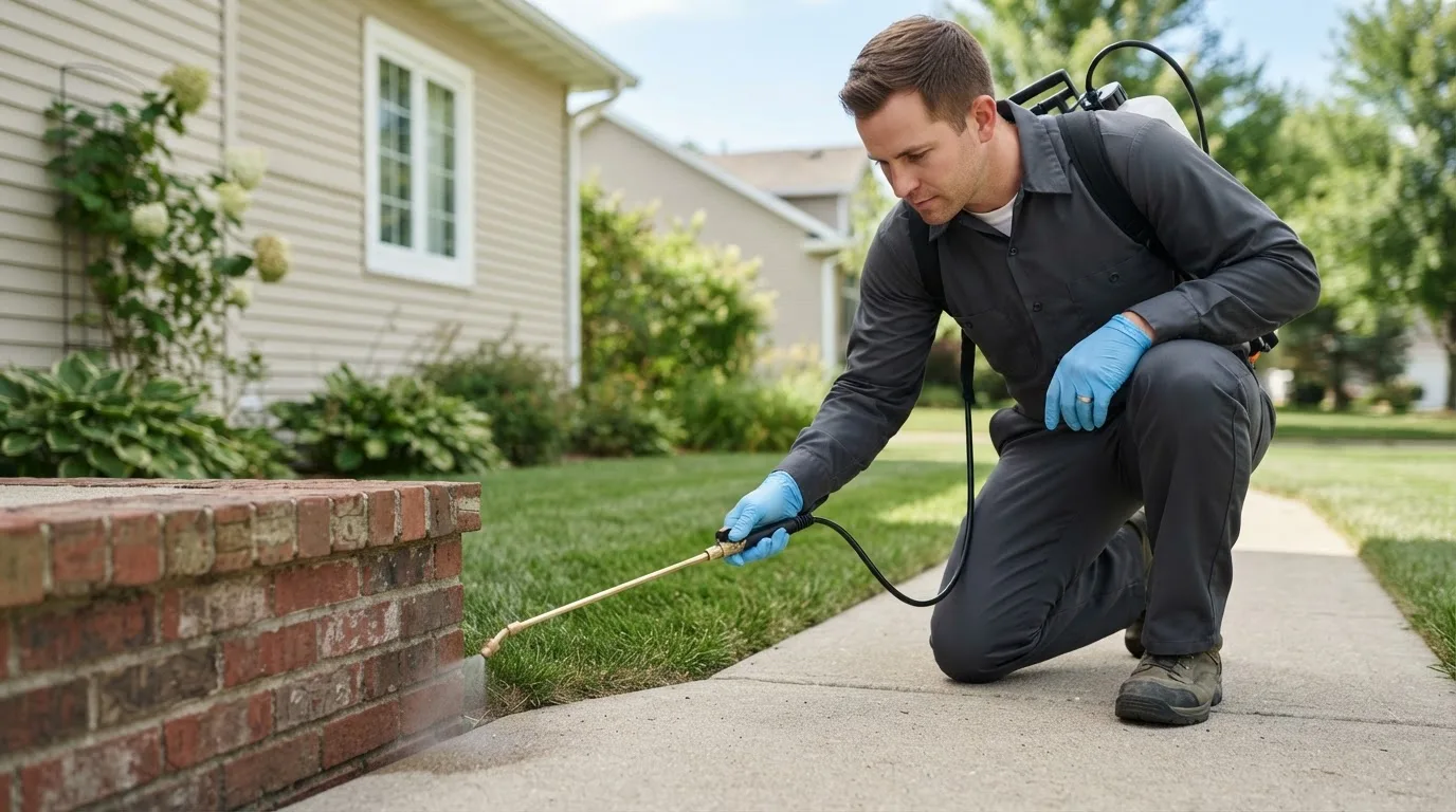 Pest control technician treating a home near Haltom City, TX